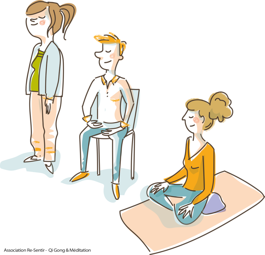 Méditation guidée en groupe - assise, allongé, sur chaise, sur coussin